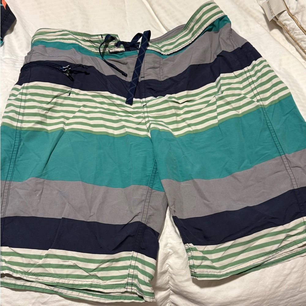 Patagonia Men's Striped Swim Shorts - Teal, Gray, and Navy